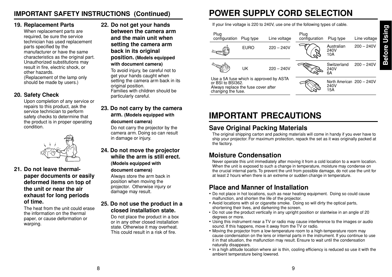 Power supply cord selection, Important precautions, Before using | Save original packing materials, Moisture condensation, Place and manner of installation, Important safety instructions (continued) | Toshiba TDP-T90 User Manual | Page 5 / 25