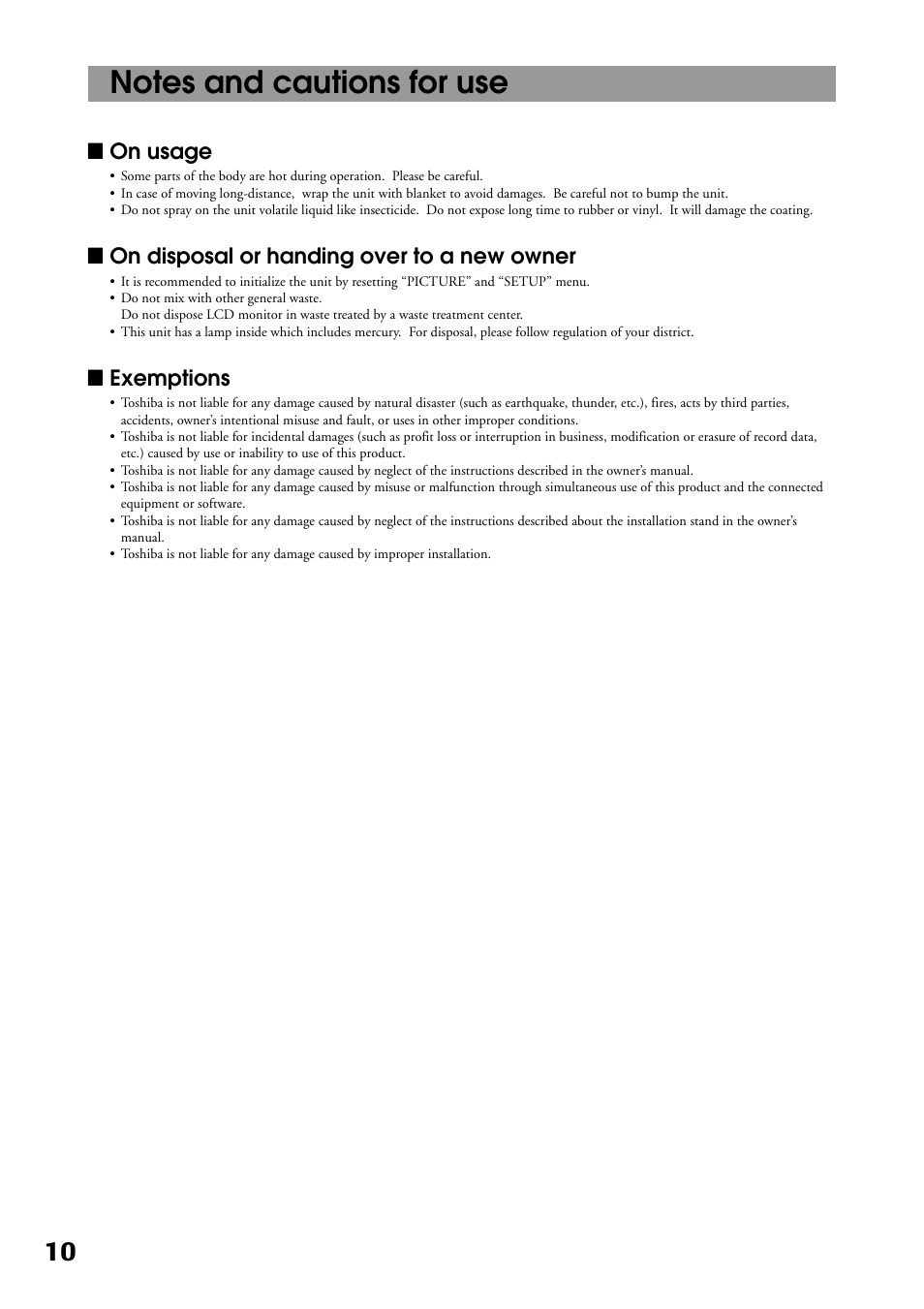 Lon usage, Lon disposal or handing over to a new owner, Lexemptions | Toshiba P32LS1 User Manual | Page 10 / 40