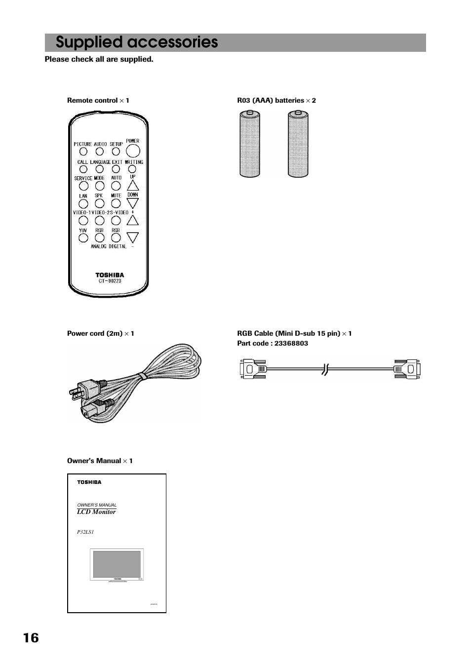 Supplied accessories | Toshiba P32LS1 User Manual | Page 16 / 40