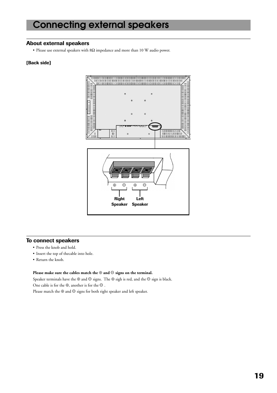 Connecting external speakers, About external speakers | Toshiba P32LS1 User Manual | Page 19 / 40