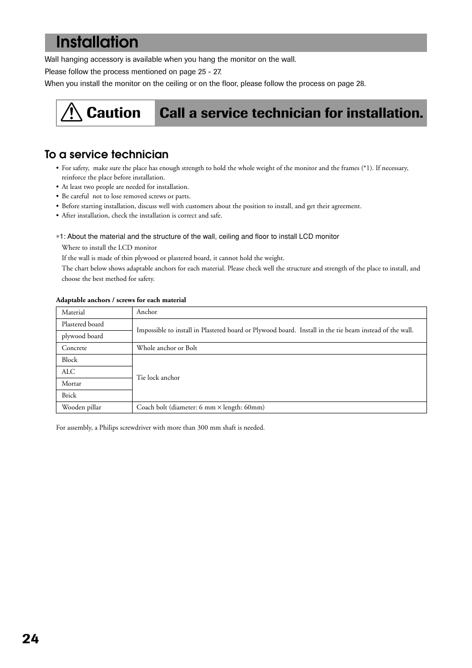 Installation, Caution, Call a service technician for installation | Toshiba P32LS1 User Manual | Page 24 / 40