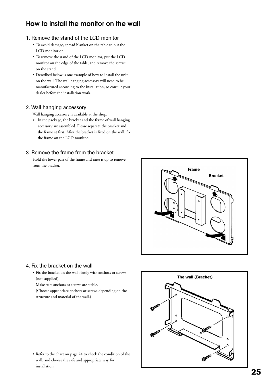 How to install the monitor on the wall | Toshiba P32LS1 User Manual | Page 25 / 40