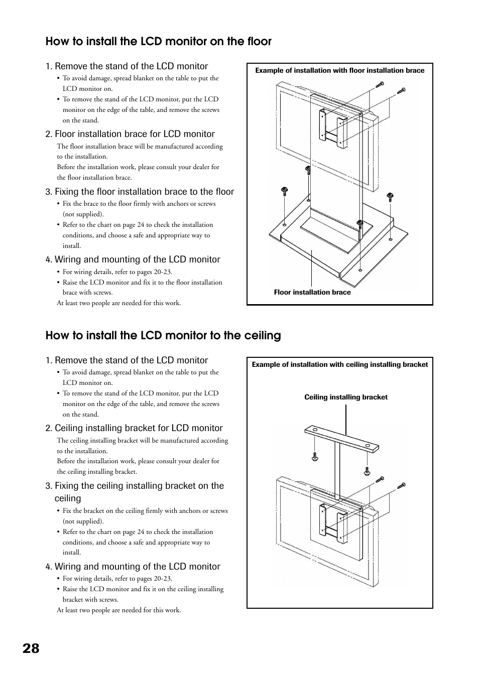 How to install the lcd monitor on the floor, How to install the lcd monitor to the ceiling | Toshiba P32LS1 User Manual | Page 28 / 40