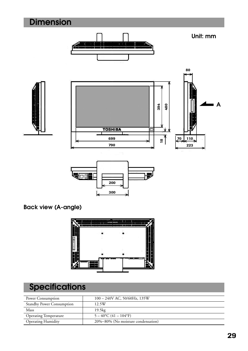 Dimension, Specifications, Unit: mm back view (a-angle) | Toshiba P32LS1 User Manual | Page 29 / 40