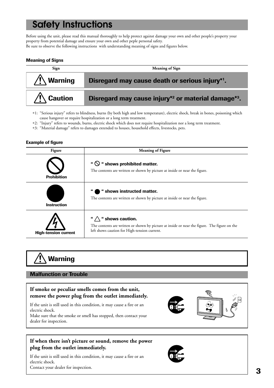 Safety instructions, Warning, Caution | Disregard may cause death or serious injury, Disregard may cause injury, Or material damage | Toshiba P32LS1 User Manual | Page 3 / 40