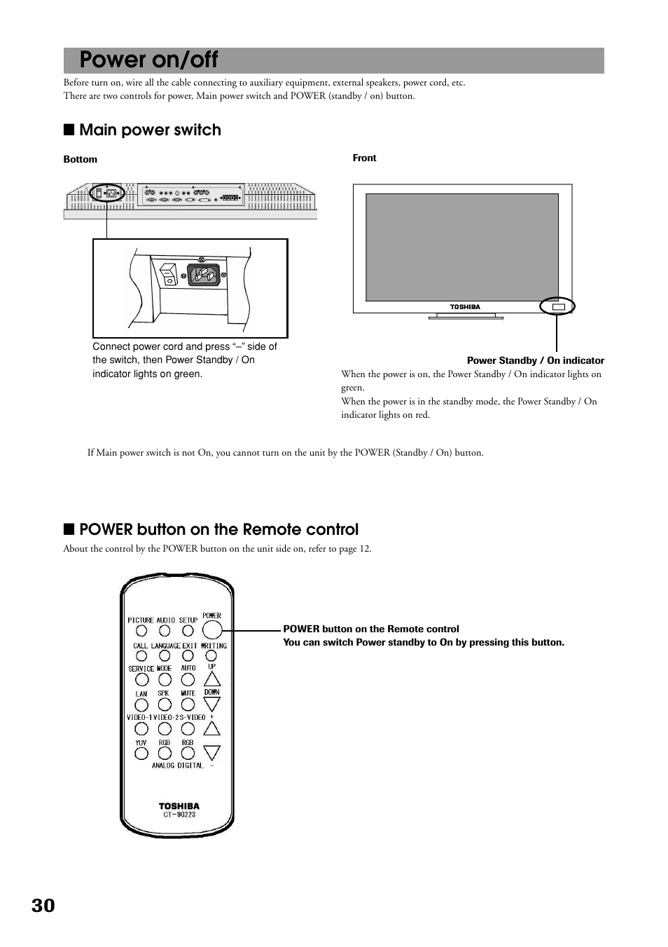 Power on/off | Toshiba P32LS1 User Manual | Page 30 / 40