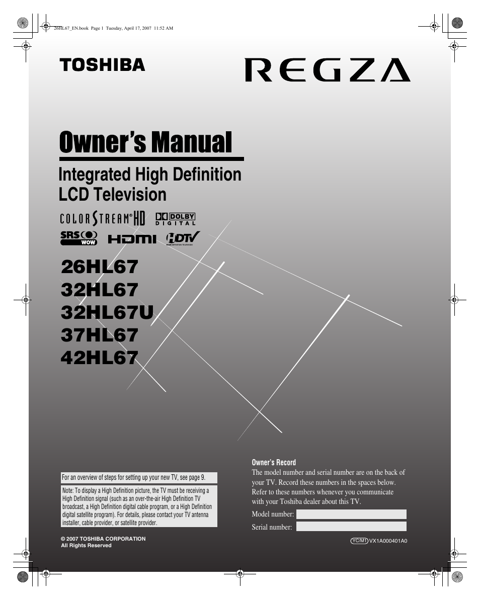 Toshiba 32HL67U User Manual | 66 pages
