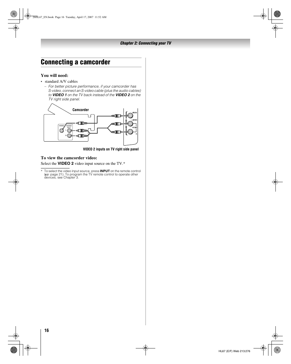 Connecting a camcorder, You will need | Toshiba 32HL67U User Manual | Page 16 / 66