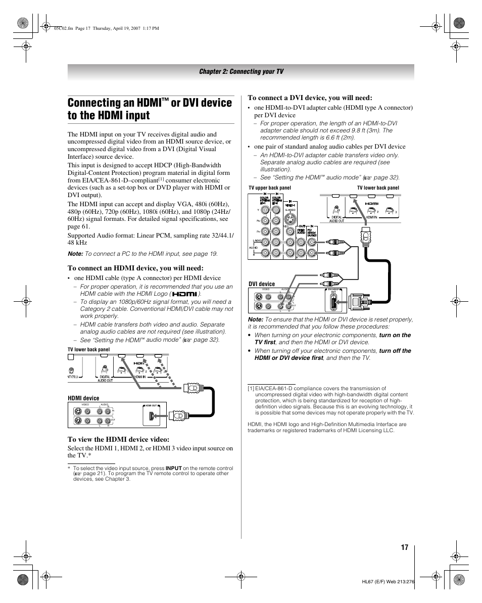 Connecting an hdmi, Or dvi device to the hdmi input | Toshiba 32HL67U User Manual | Page 17 / 66