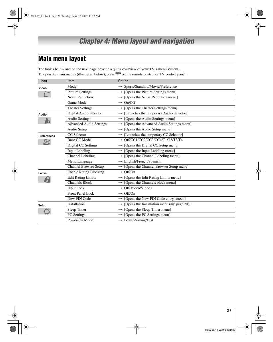 Chapter 4: menu layout and navigation, Main menu layout | Toshiba 32HL67U User Manual | Page 27 / 66
