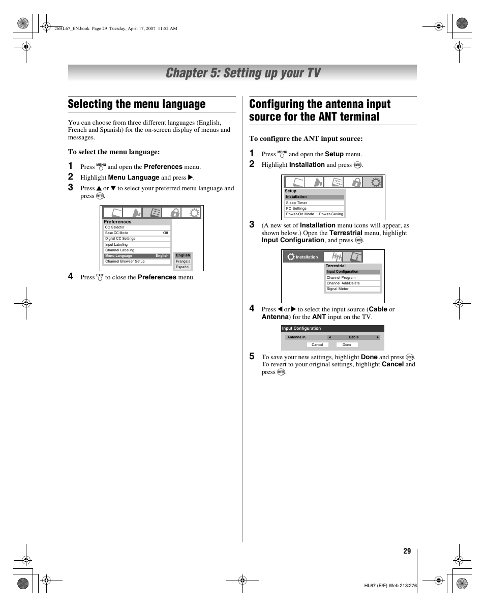 Chapter 5: setting up your tv, Selecting the menu language | Toshiba 32HL67U User Manual | Page 29 / 66