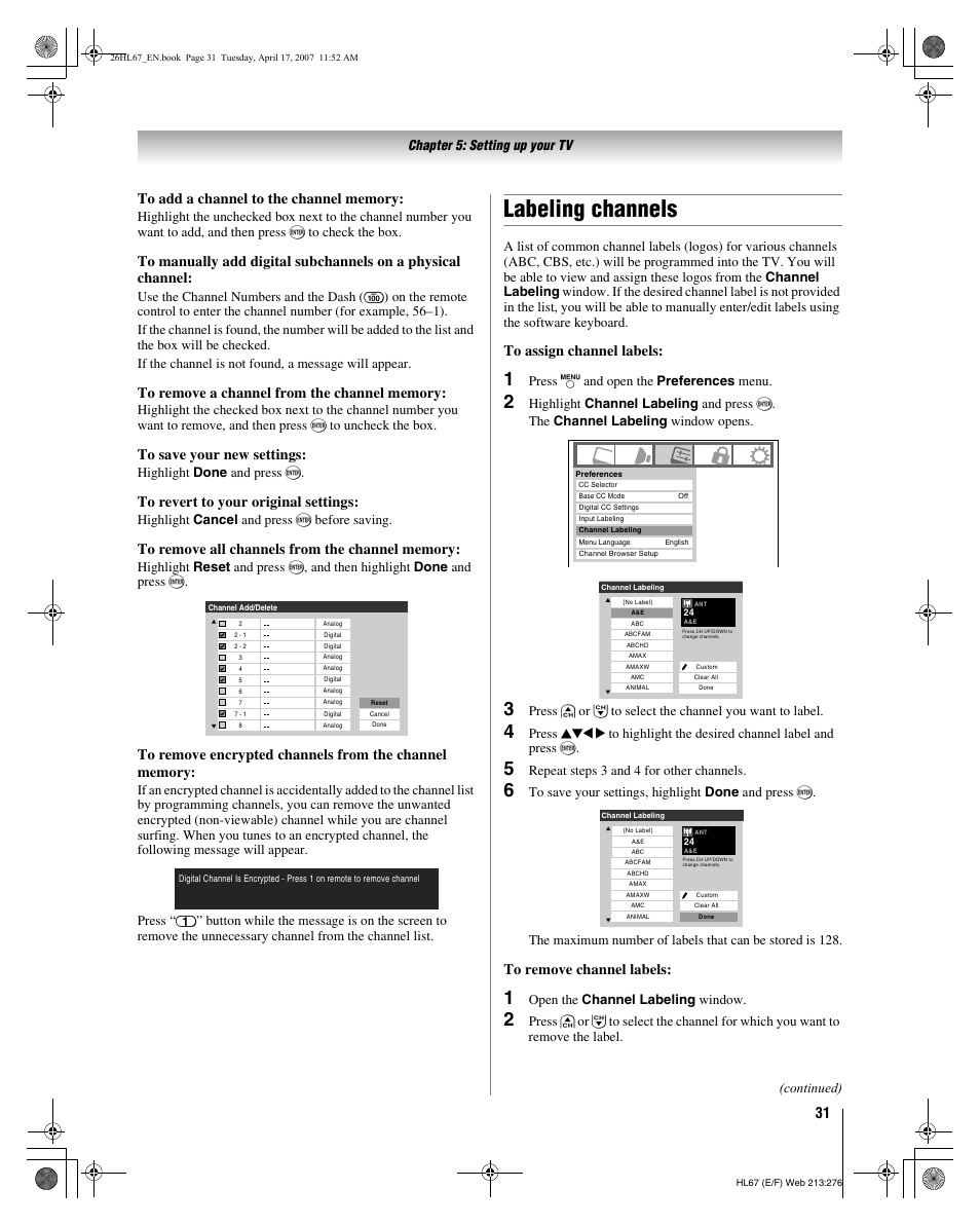 Labeling channels | Toshiba 32HL67U User Manual | Page 31 / 66