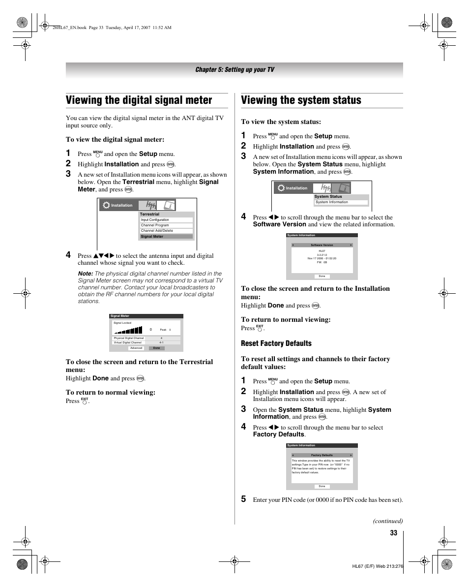 Viewing the digital signal meter, Viewing the system status, Reset factory defaults | Toshiba 32HL67U User Manual | Page 33 / 66
