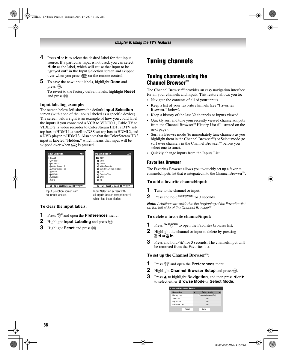 Tuning channels, Tuning channels using the channel browser, Favorites browser | Input labeling example | Toshiba 32HL67U User Manual | Page 36 / 66