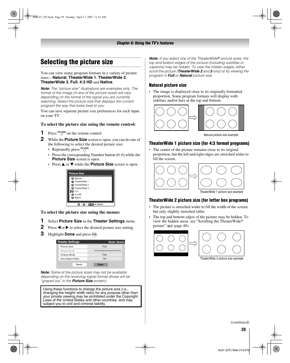 Selecting the picture size, Natural picture size | Toshiba 32HL67U User Manual | Page 39 / 66