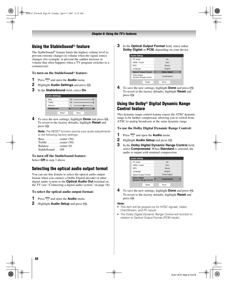 Using the stablesound, Feature, Selecting the optical audio output format | Using the dolby, Digital dynamic range control feature | Toshiba 32HL67U User Manual | Page 46 / 66
