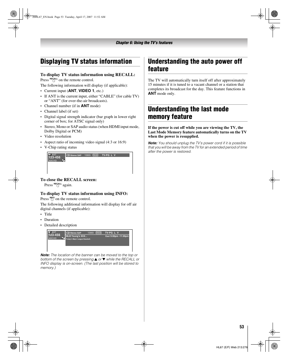 Displaying tv status information, Understanding the auto power off feature | Toshiba 32HL67U User Manual | Page 53 / 66