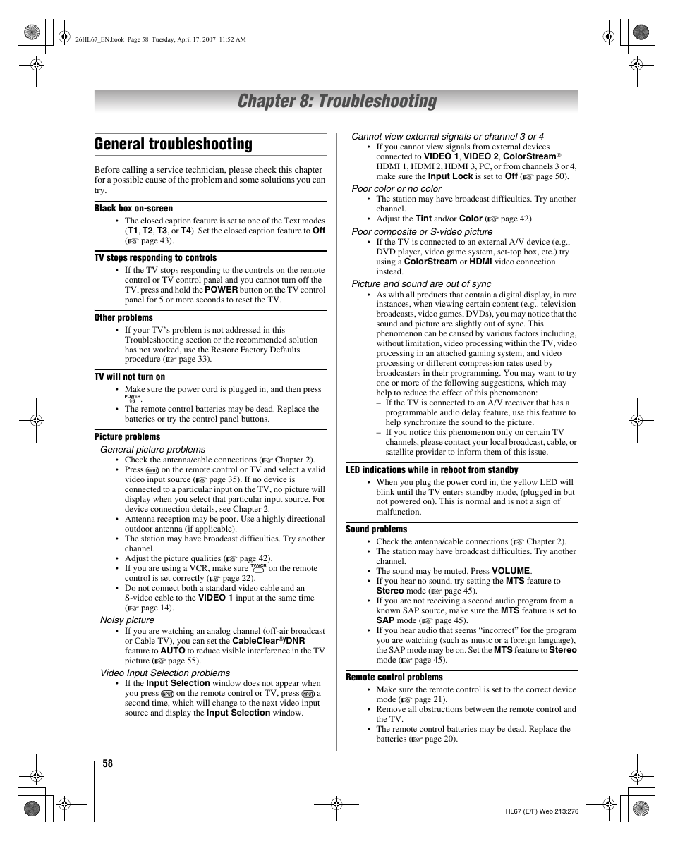 Chapter 8: troubleshooting, General troubleshooting | Toshiba 32HL67U User Manual | Page 58 / 66