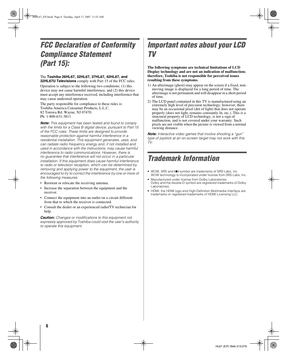 Trademark information | Toshiba 32HL67U User Manual | Page 6 / 66