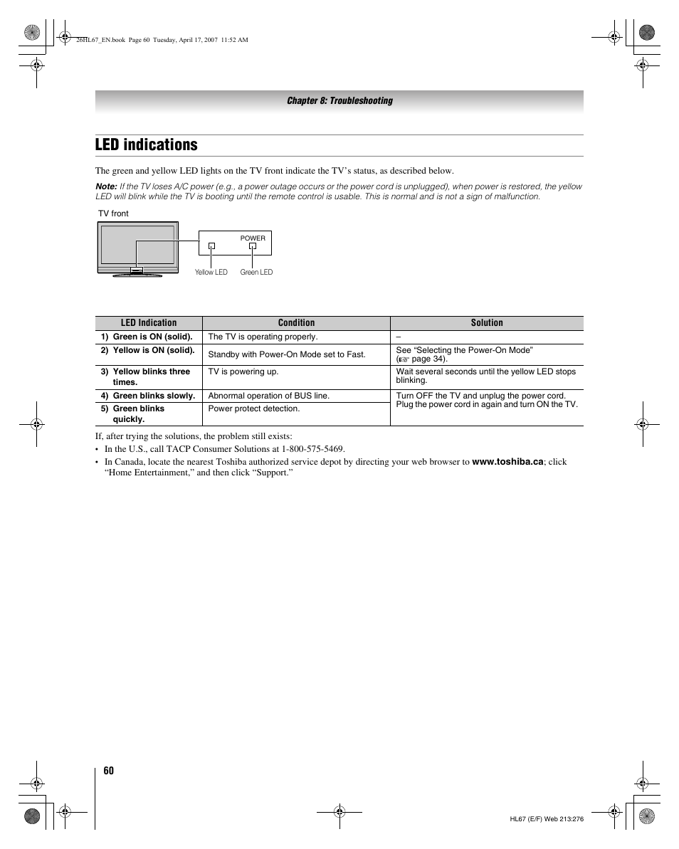 Led indications | Toshiba 32HL67U User Manual | Page 60 / 66