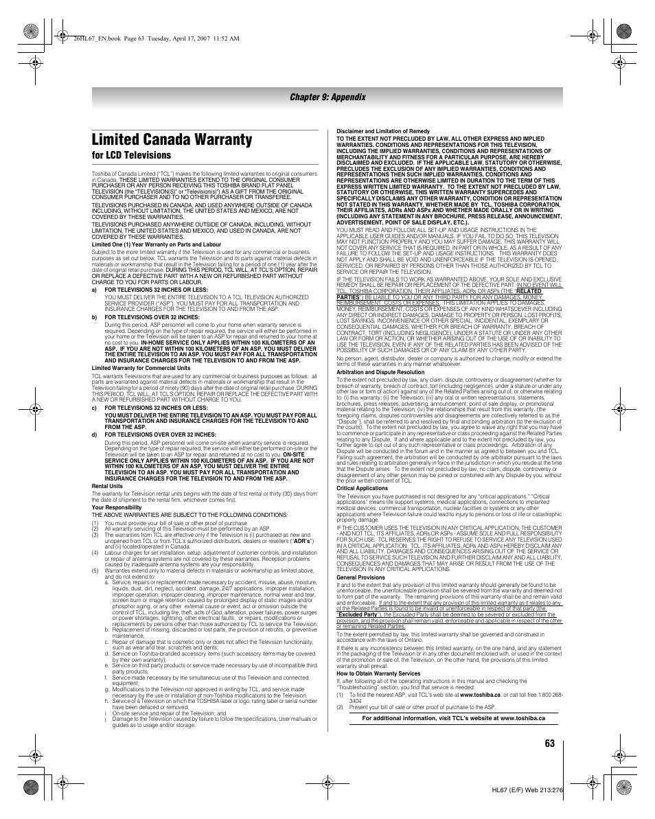 Limited canada warranty, For lcd televisions, Chapter 9: appendix | Toshiba 32HL67U User Manual | Page 63 / 66