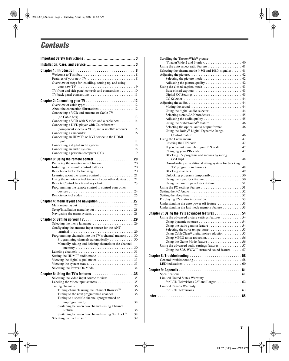 Toshiba 32HL67U User Manual | Page 7 / 66