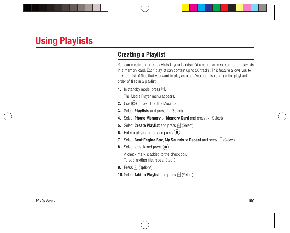 Using playlists, Creating a playlist | Toshiba 705T User Manual | Page 100 / 315