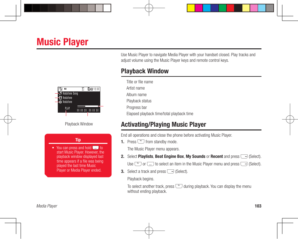 Music player, Playback window, Activating/playing music player | Toshiba 705T User Manual | Page 103 / 315
