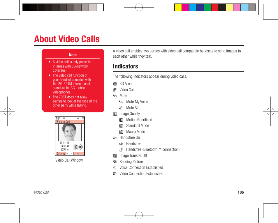 About video calls, Indicators | Toshiba 705T User Manual | Page 106 / 315