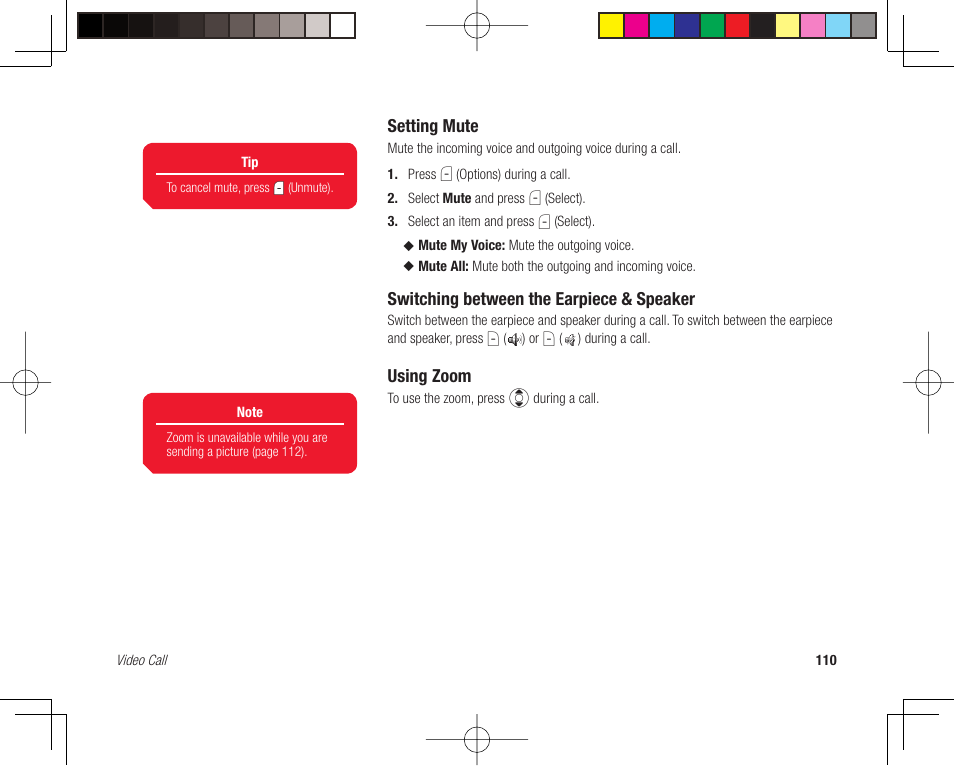 Setting mute, Switching between the earpiece & speaker, Using zoom | Toshiba 705T User Manual | Page 110 / 315