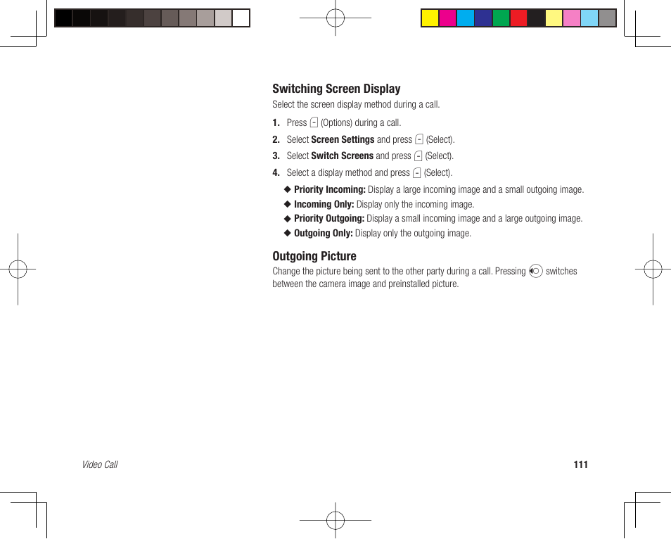 Switching screen display, Outgoing picture | Toshiba 705T User Manual | Page 111 / 315