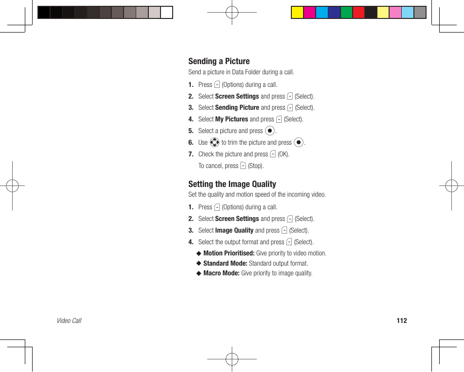 Sending a picture, Setting the image quality | Toshiba 705T User Manual | Page 112 / 315