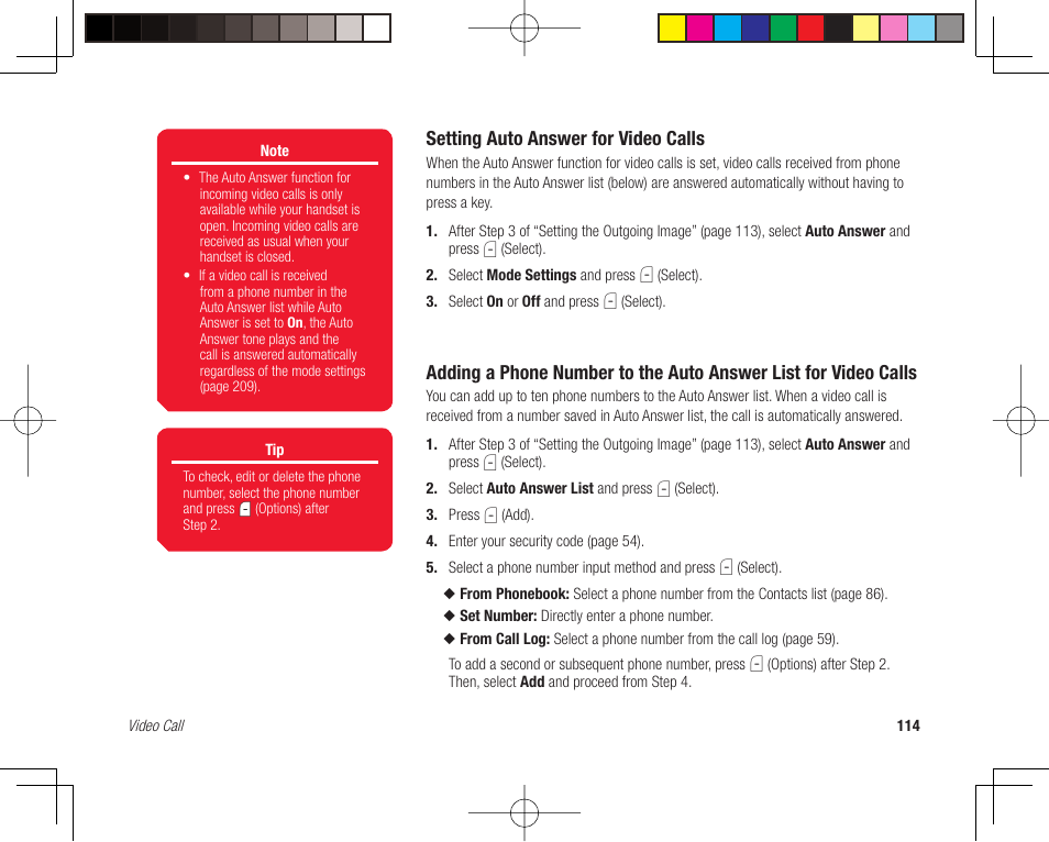 Setting auto answer for video calls | Toshiba 705T User Manual | Page 114 / 315