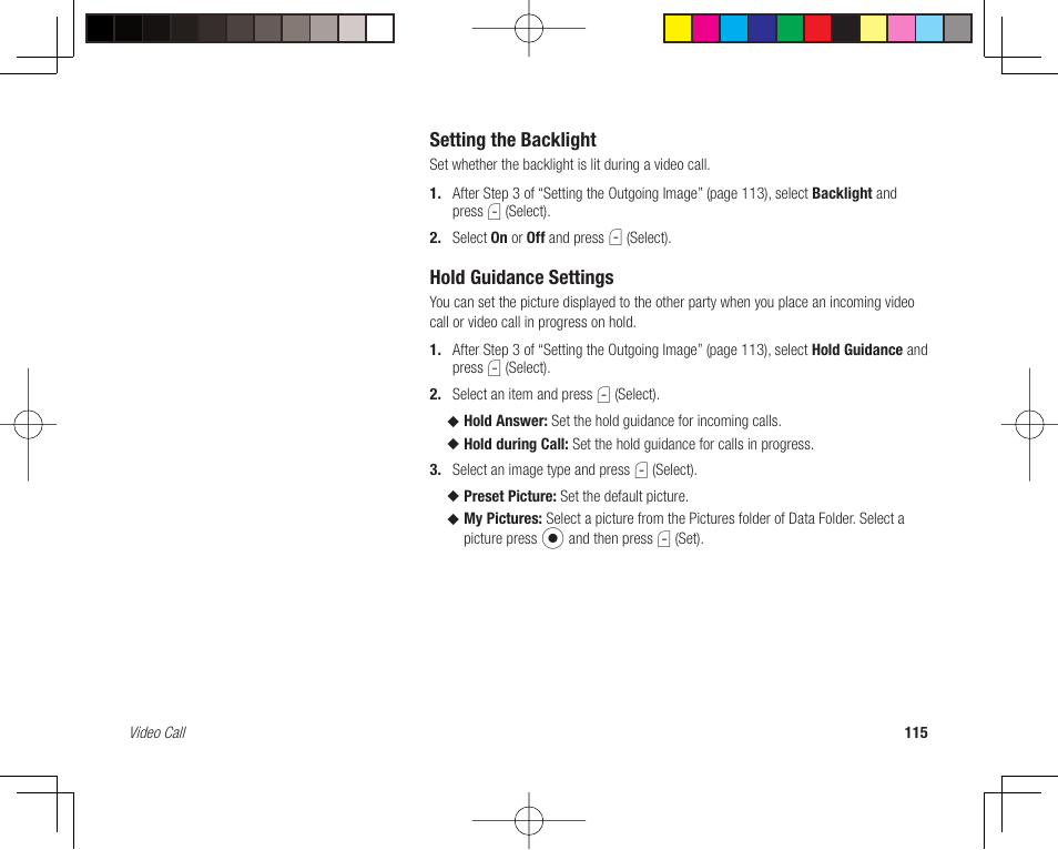 Setting the backlight, Hold guidance settings | Toshiba 705T User Manual | Page 115 / 315