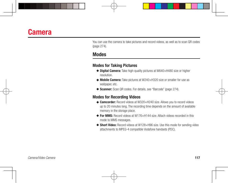 Camera, Modes | Toshiba 705T User Manual | Page 117 / 315