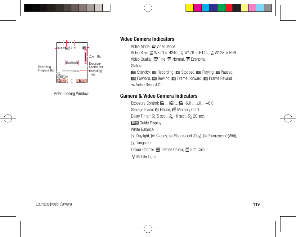 Video camera indicators, Camera & video camera indicators | Toshiba 705T User Manual | Page 119 / 315