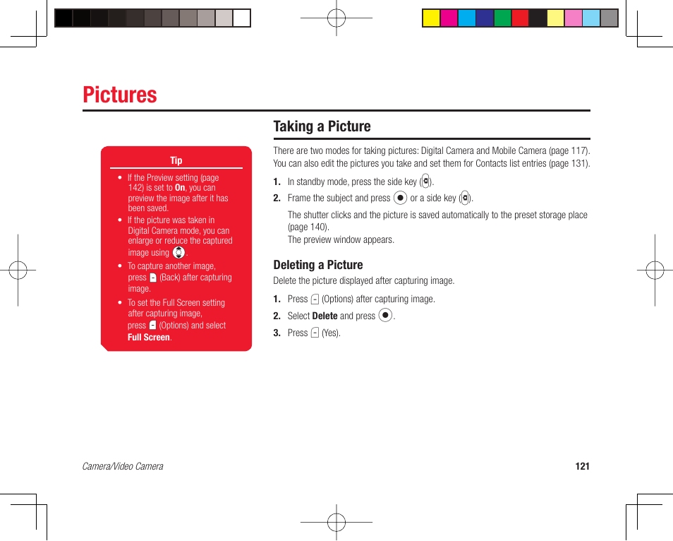 Pictures, Taking a picture, Deleting a picture | Toshiba 705T User Manual | Page 121 / 315