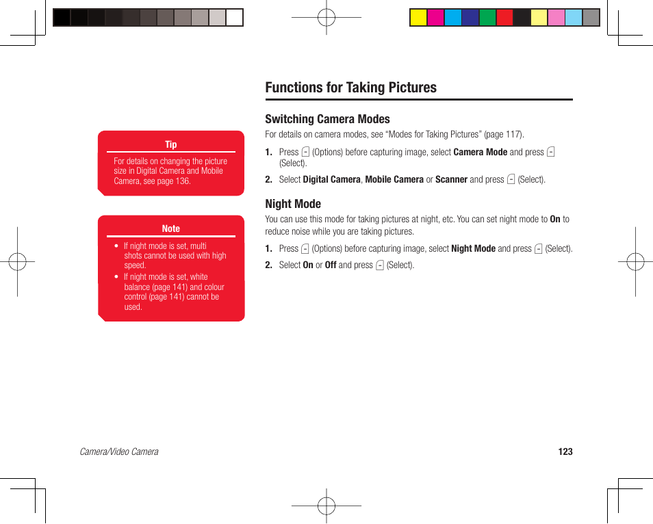 Functions for taking pictures, Switching camera modes, Night mode | Toshiba 705T User Manual | Page 123 / 315