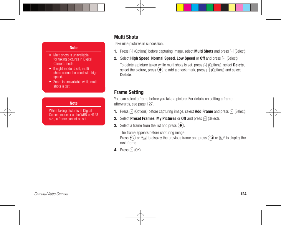 Multi shots, Frame setting | Toshiba 705T User Manual | Page 124 / 315