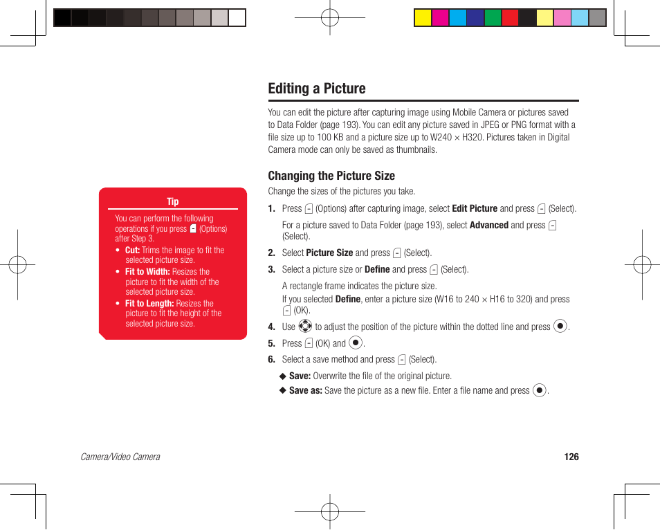 Editing a picture, Changing the picture size | Toshiba 705T User Manual | Page 126 / 315