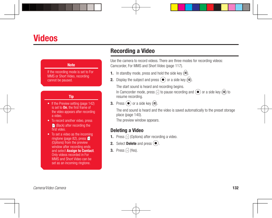 Videos, Recording a video, Deleting a video | Toshiba 705T User Manual | Page 132 / 315