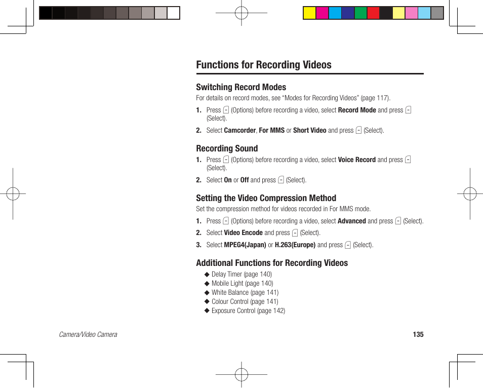 Functions for recording videos | Toshiba 705T User Manual | Page 135 / 315