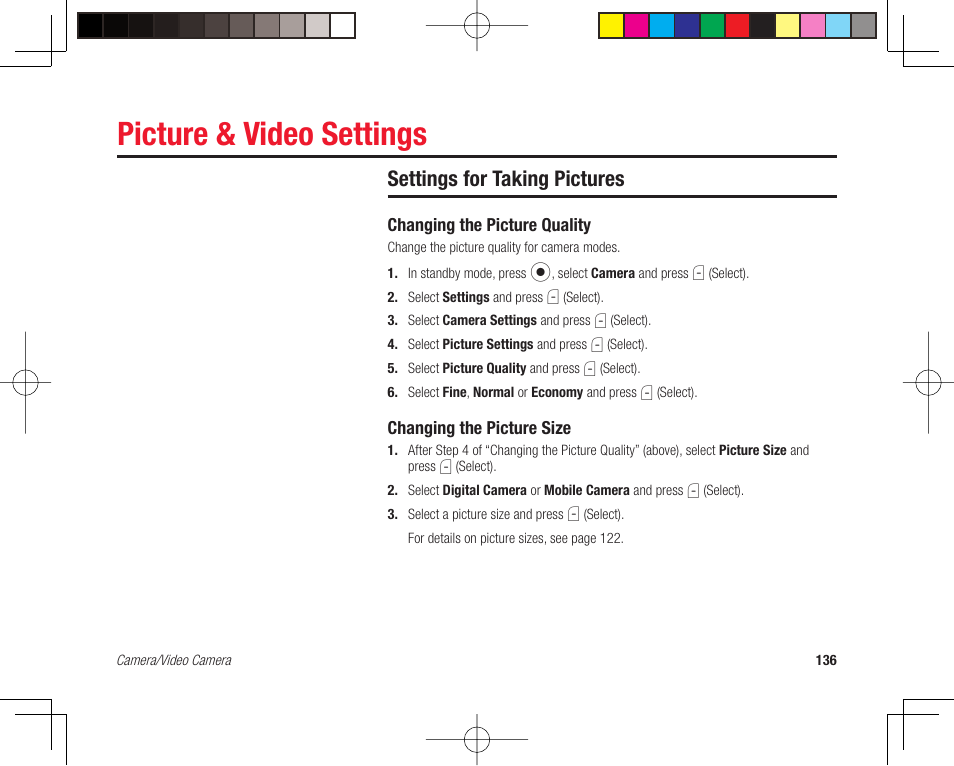 Picture & video settings, Settings for taking pictures | Toshiba 705T User Manual | Page 136 / 315