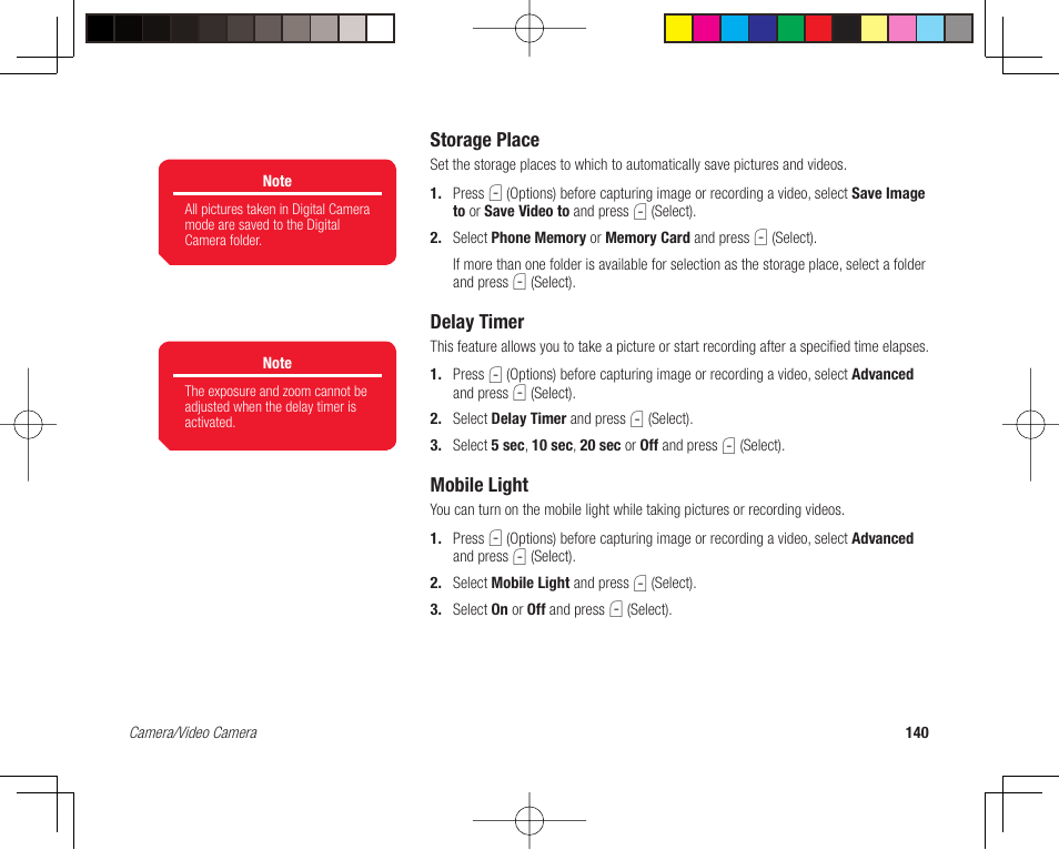 Storage place, Delay timer, Mobile light | Toshiba 705T User Manual | Page 140 / 315