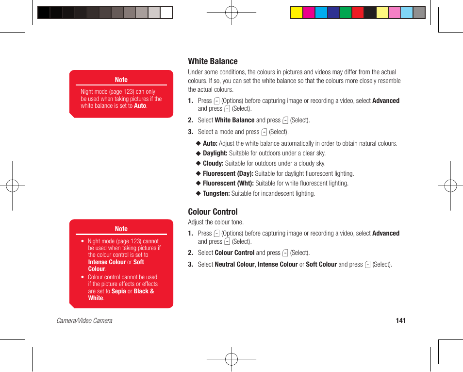 White balance, Colour control | Toshiba 705T User Manual | Page 141 / 315