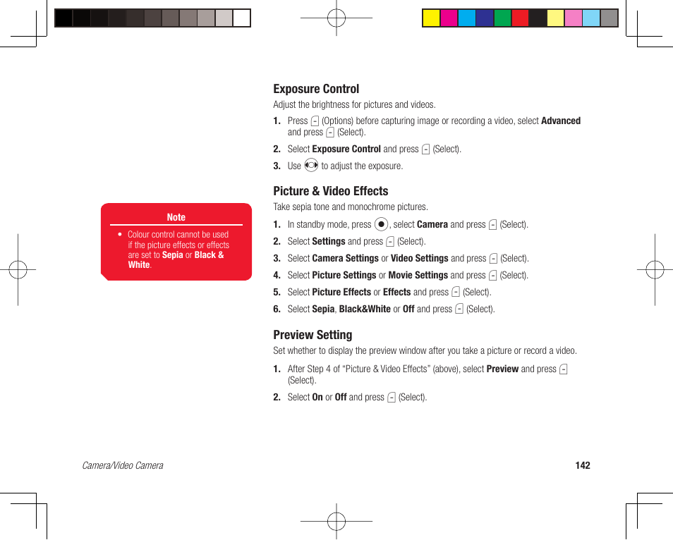 Exposure control, Picture & video effects, Preview setting | Toshiba 705T User Manual | Page 142 / 315