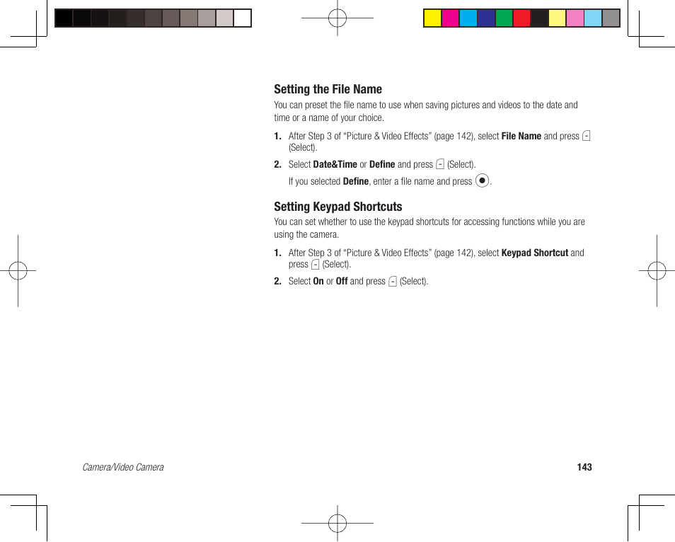 Setting the file name, Setting keypad shortcuts | Toshiba 705T User Manual | Page 143 / 315