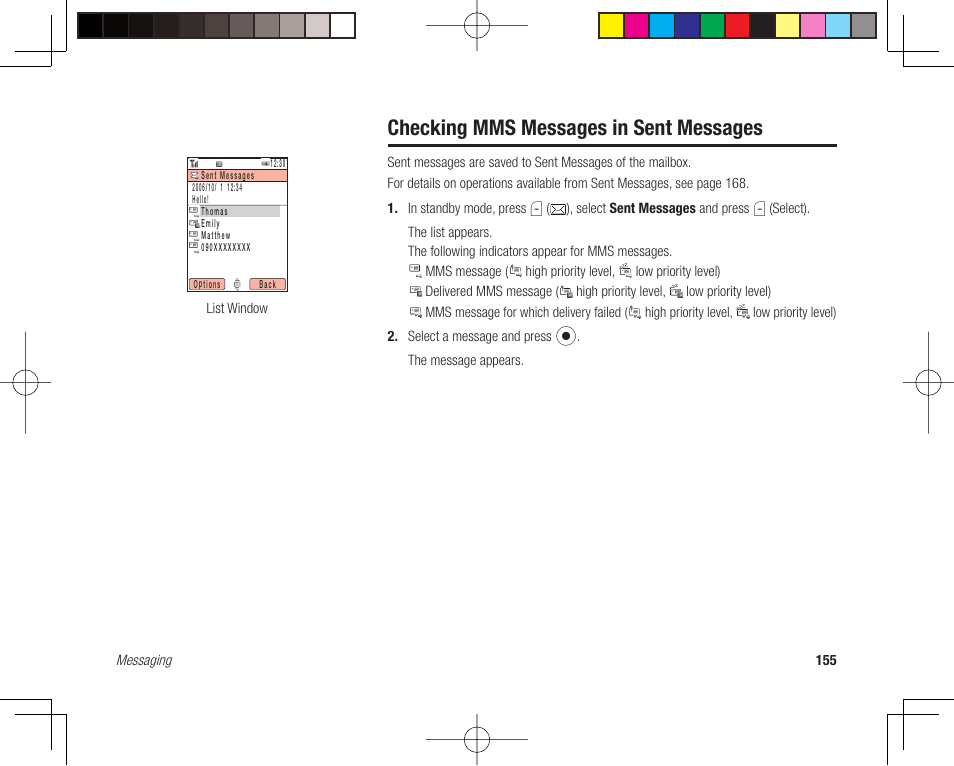 Checking mms messages in sent messages | Toshiba 705T User Manual | Page 155 / 315