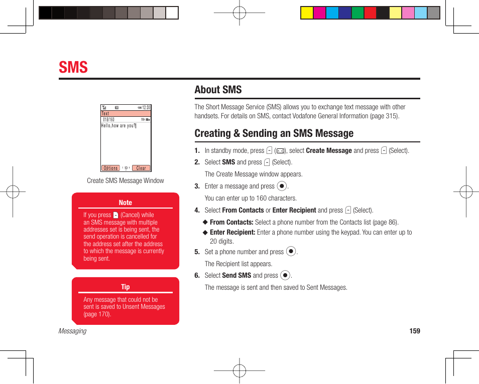 About sms, Creating & sending an sms message | Toshiba 705T User Manual | Page 159 / 315