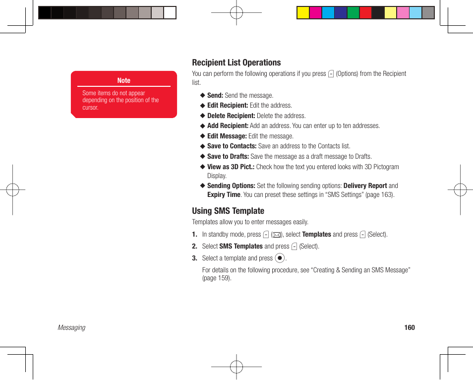 Recipient list operations, Using sms template | Toshiba 705T User Manual | Page 160 / 315